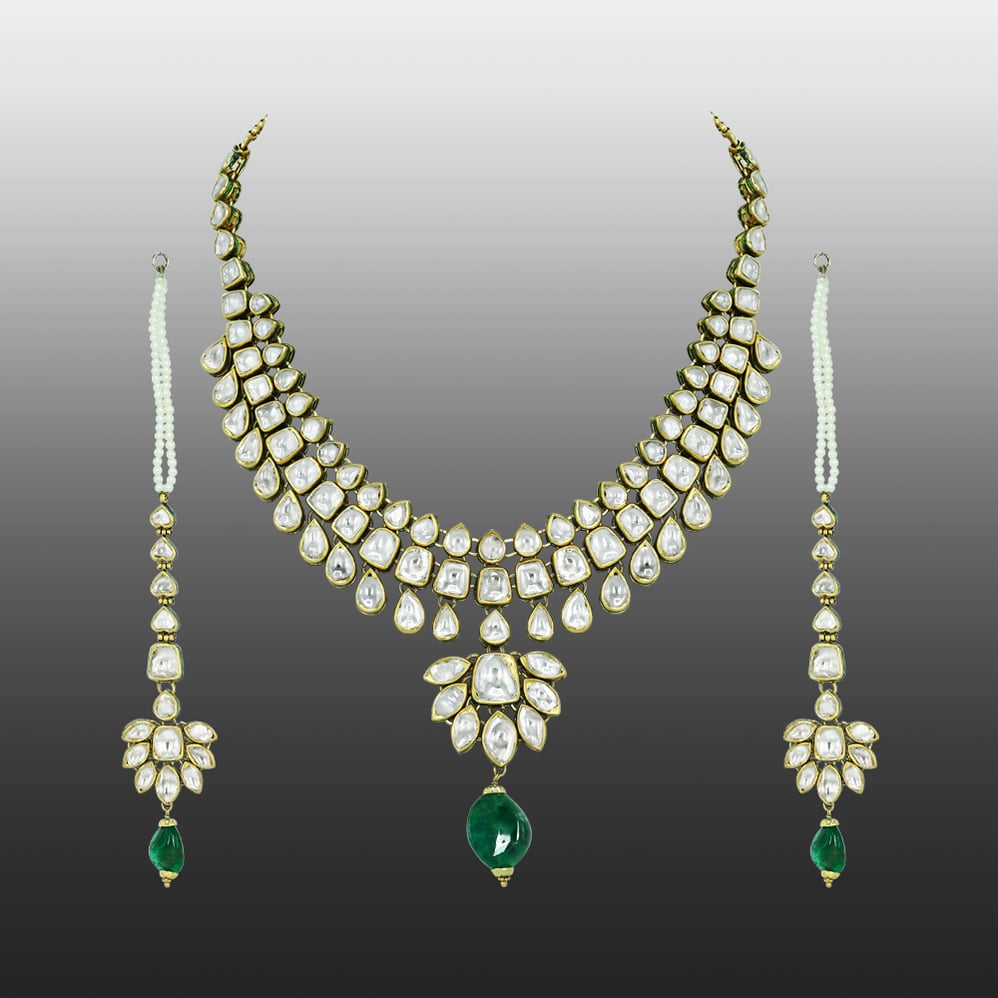 Layered Polki Necklace Set with Emerald Pendant and Kanoti Earrings